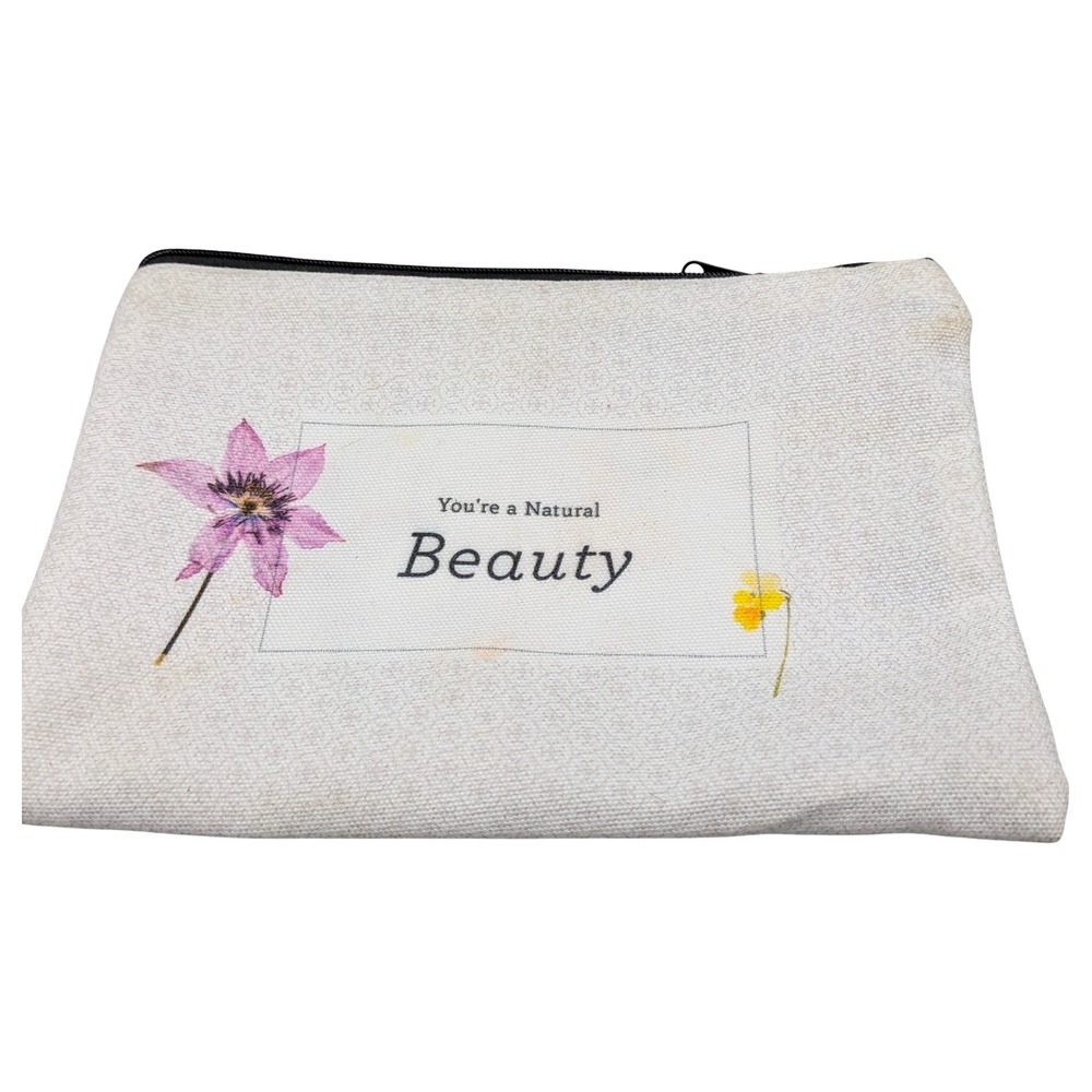 Lizush Natural Beauty Canvas Makeup Bag Zipper Pouch Floral Lining White 9x6